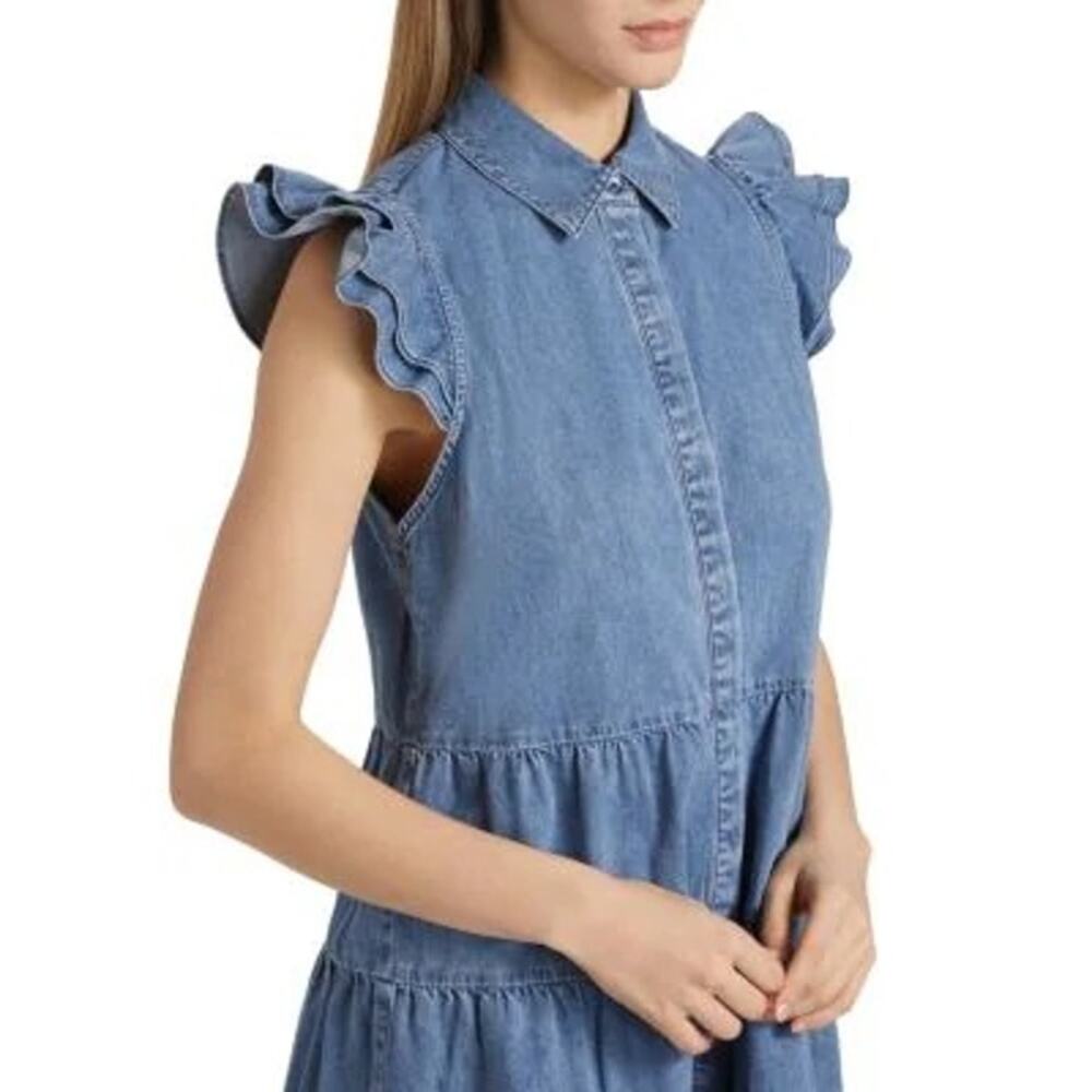New ALICE + OLIVIA Jem Denim Tiered Mini Shirt Dress in Large - Picture 4 of 13